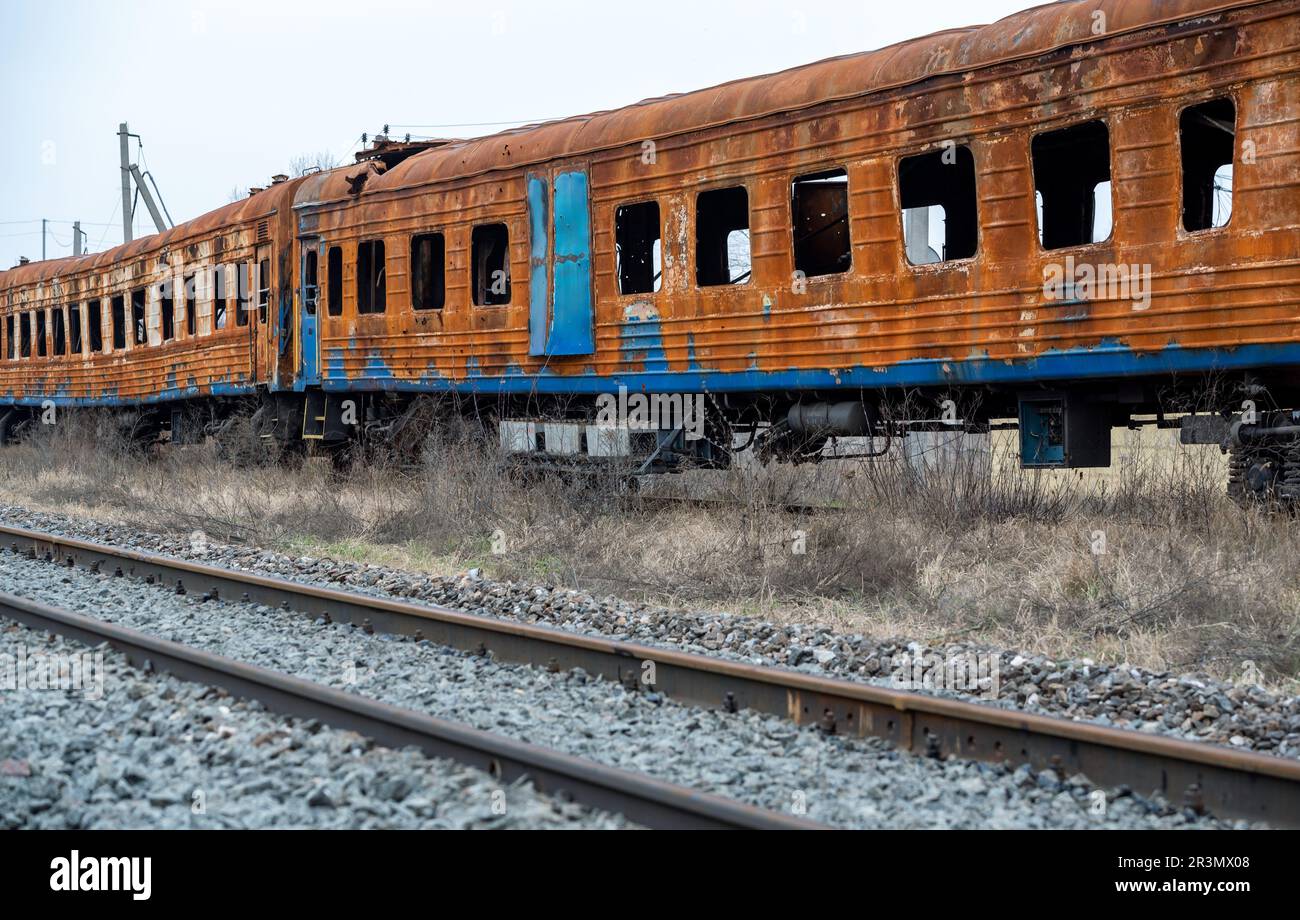 Exploded Wagons Burned out blown up wagons in Ukraine Stock Photo - Alamy