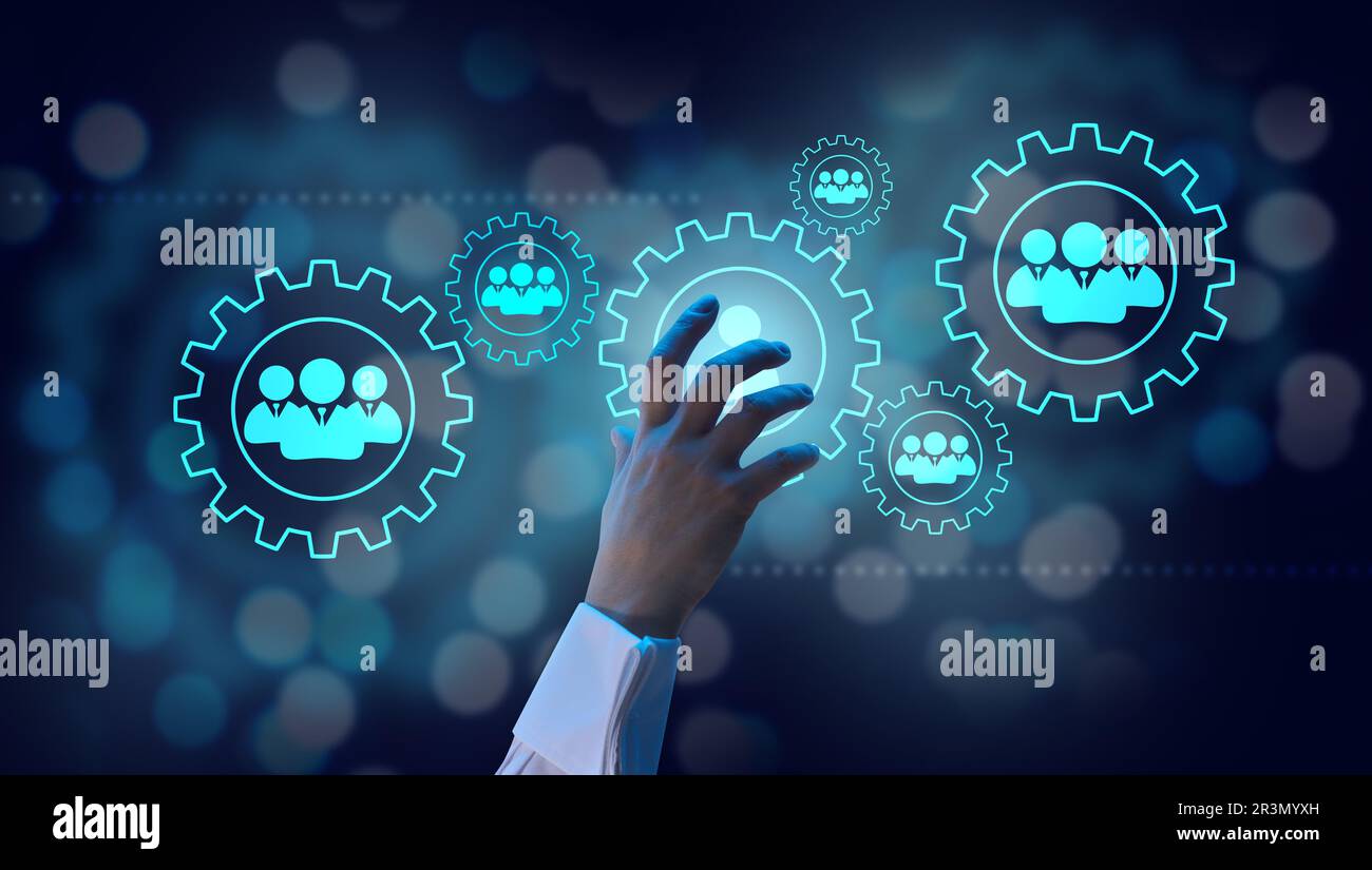Employee and hand icons on blue background. Recruitment concept, team management, employee association Stock Photo