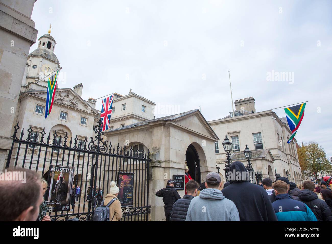 Union flags and flags of South Africa are seen in central London ahead of a state visit of the President of South Africa. Stock Photo