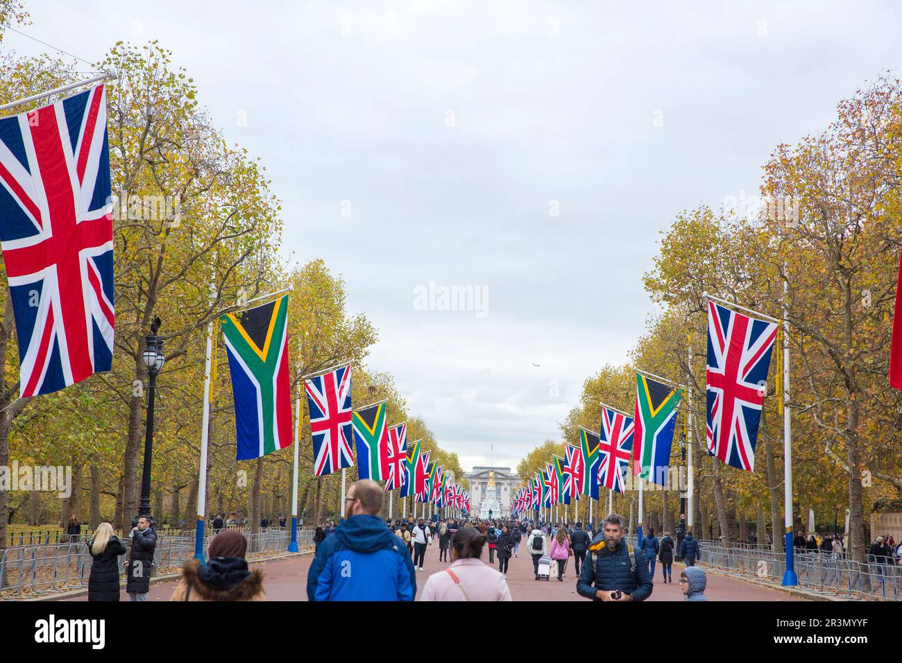 Union flags and flags of South Africa are seen in central London ahead of a state visit of the President of South Africa. Stock Photo