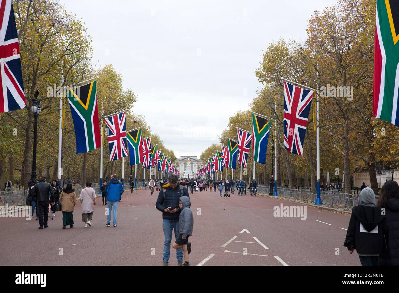 Union flags and flags of South Africa are seen in central London ahead of a state visit of the President of South Africa. Stock Photo