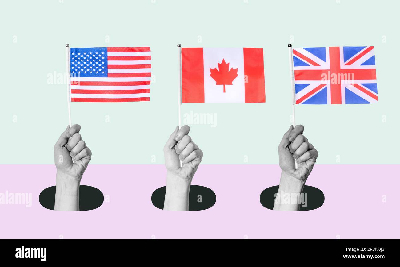 Art collage, Hand with American, Canadian, and British flags on a light background. Concept of enlightened American, Canadian, and UK economy or polit Stock Photo