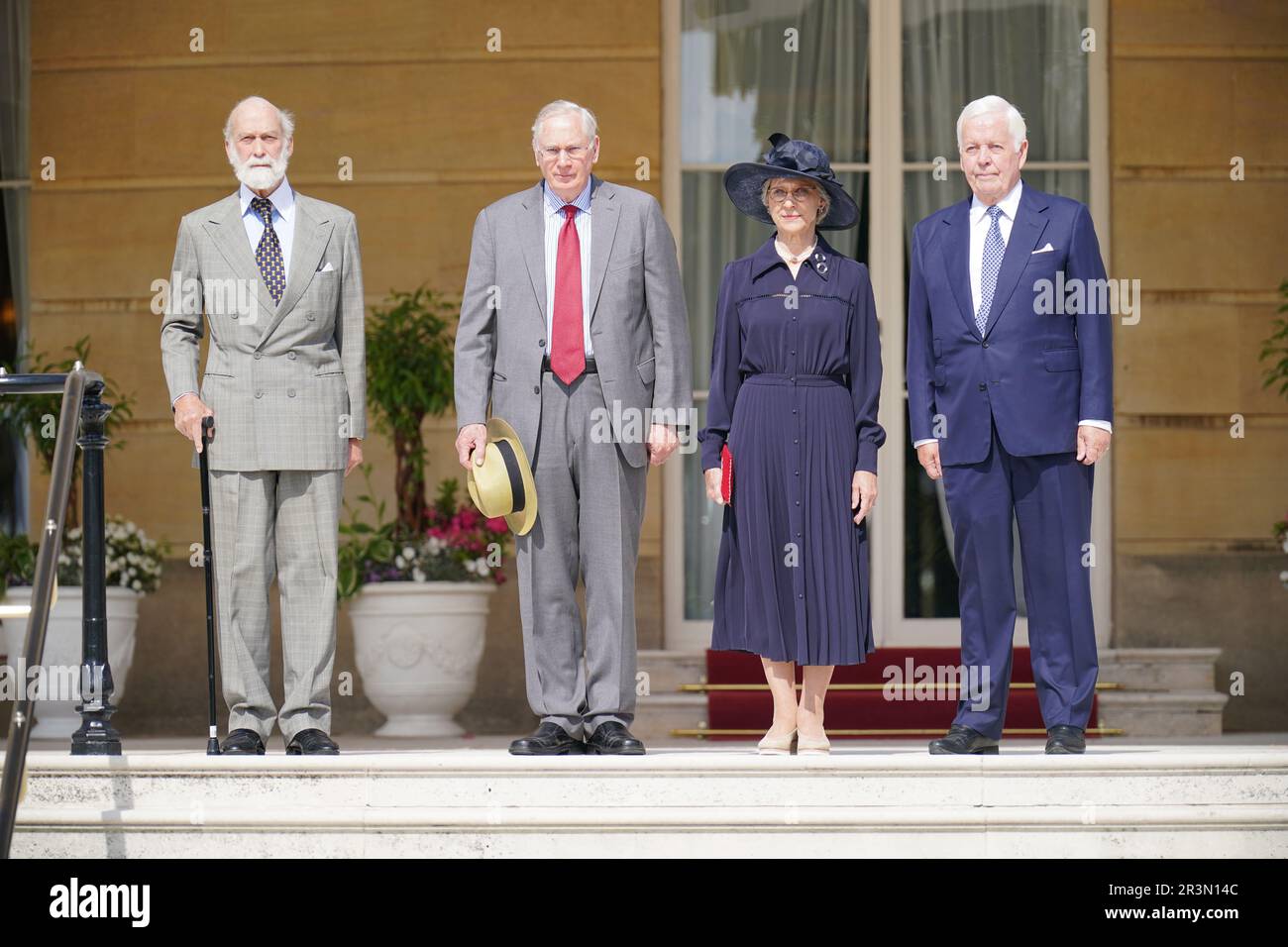 (left to right) Prince Michael of Kent, president of the Kennel Club, The Duke and Duchess of Gloucester and Sir John Spurling, vice president of the Kennel Club, arriving for the Royal Kennel Club Garden Party at Buckingham Palace in London. Picture date: Wednesday May 24, 2023. Stock Photo