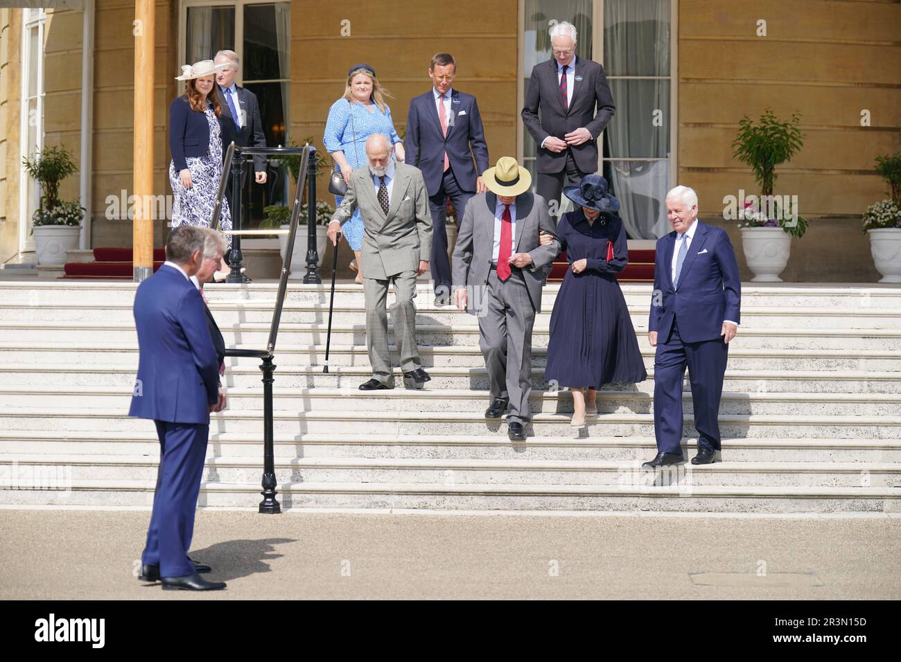 (centre left to right) Prince Michael of Kent, president of the Kennel Club, The Duke and Duchess of Gloucester and Sir John Spurling, vice president of the Kennel Club, arriving for the Royal Kennel Club Garden Party at Buckingham Palace in London. Picture date: Wednesday May 24, 2023. Stock Photo