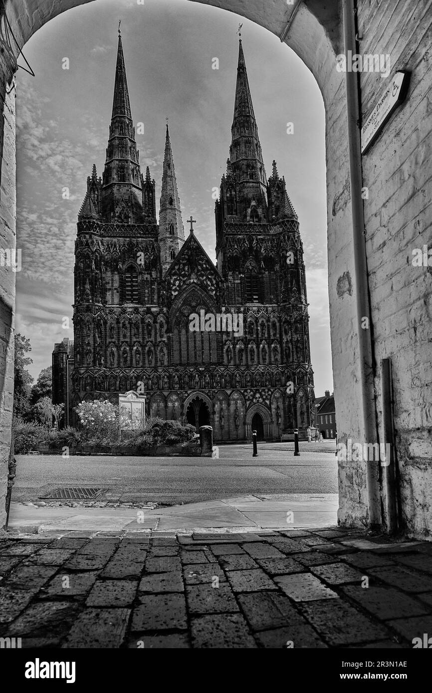 Lichfield Cathedral in black and white Stock Photo