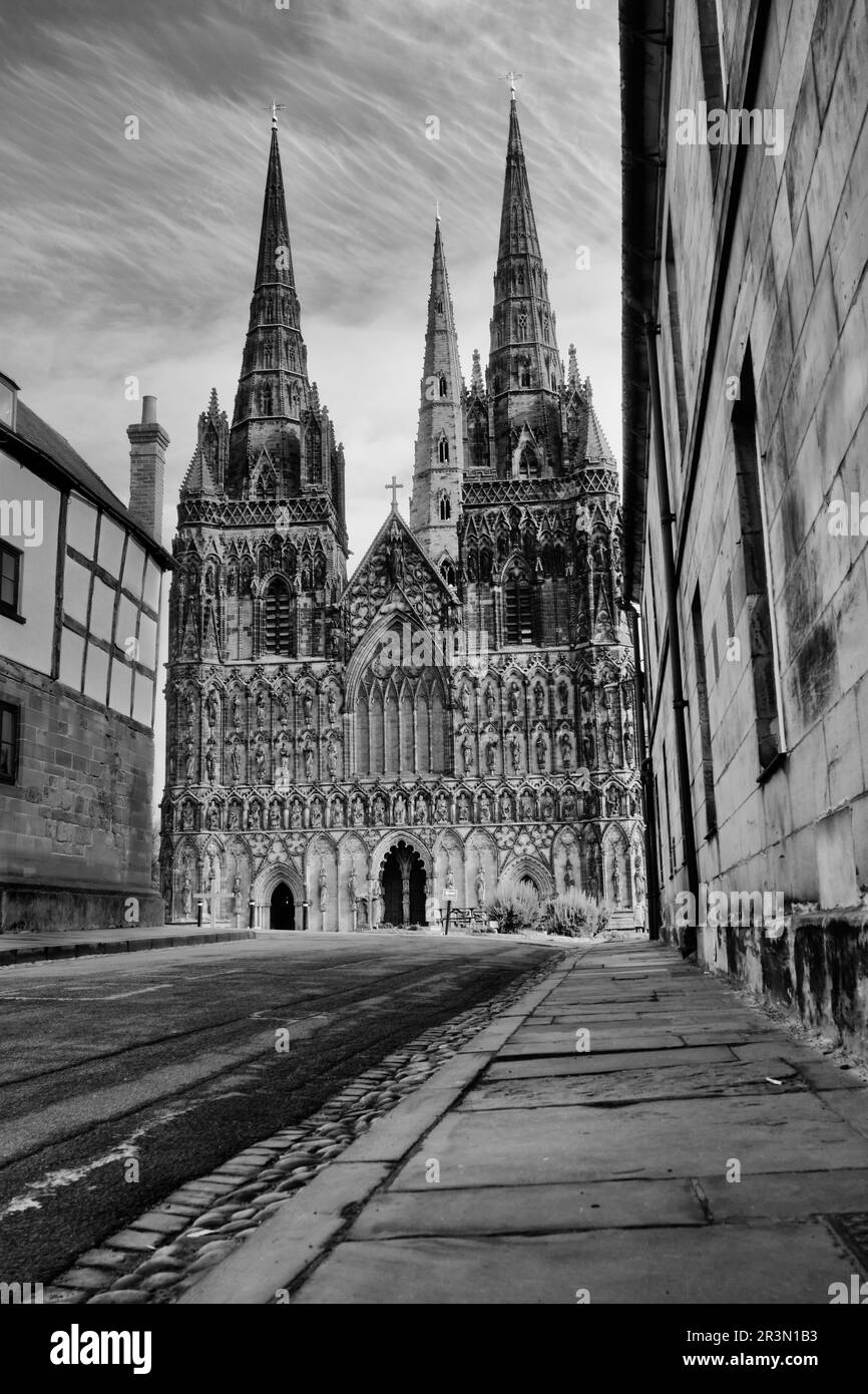 Lichfield Cathedral in black and white Stock Photo