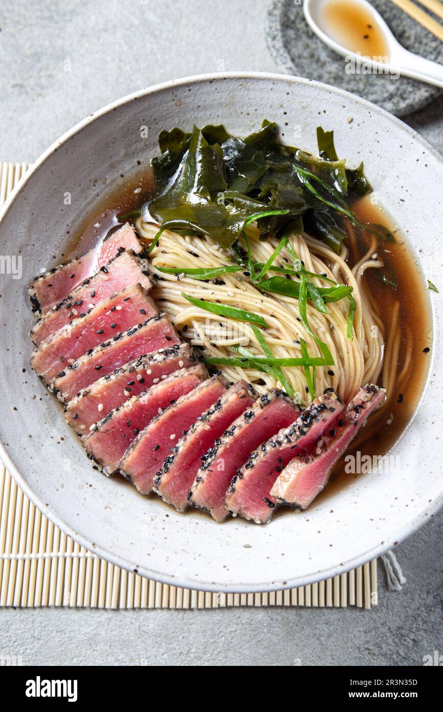 Japanese ramen. Asian soup with noodles ramen, miso, fried tuna steak
