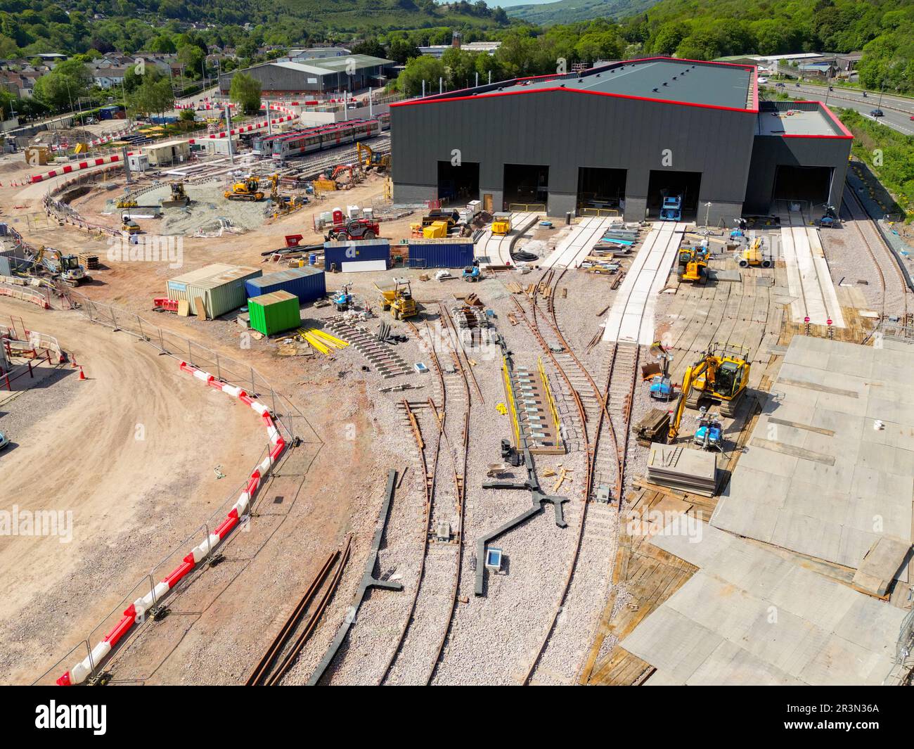 Taffs Well, Cardiff, Wales - May 2023: Aerial view of the new train depot being constructed for Transport for Wales on the outskirts of Cardiff Stock Photo