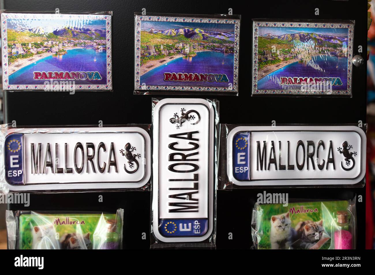Palma de Mallorca tourist Gifts displayed with car number plated and bay and sea gifts Stock Photo