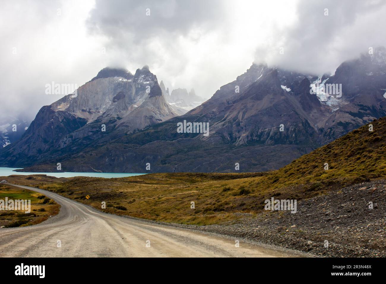 Road in chilean national park in Patagonia Torres del paine Stock Photo