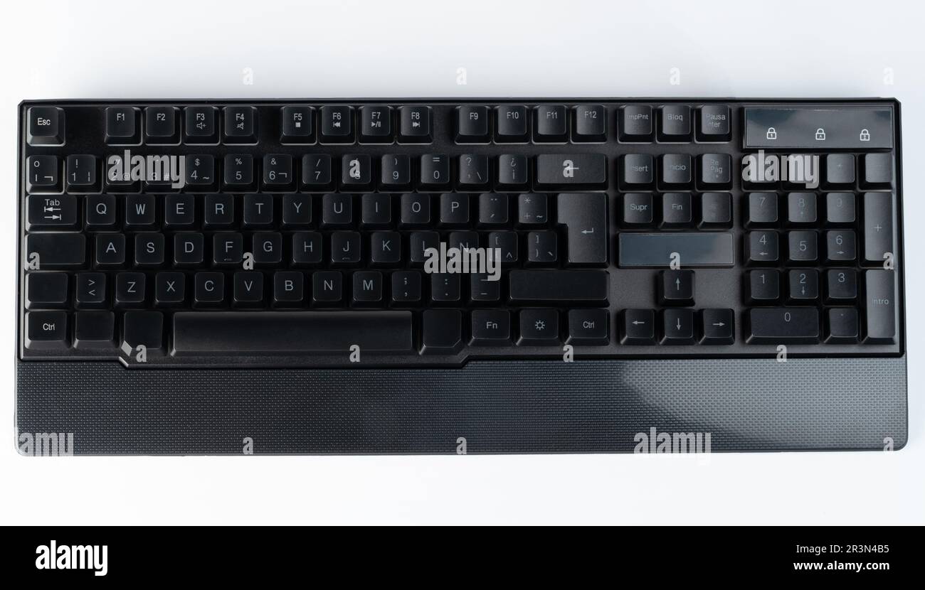 Black office keyboard with full numpad above top view isolated Stock Photo