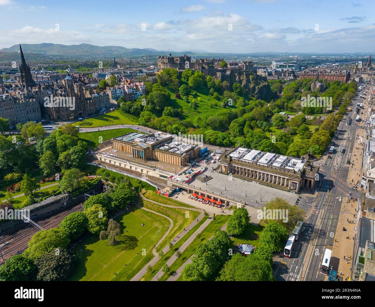Aerial view from drone of Princes Street Gardens and museums in Edinburgh, Scotland, UK Stock Photo