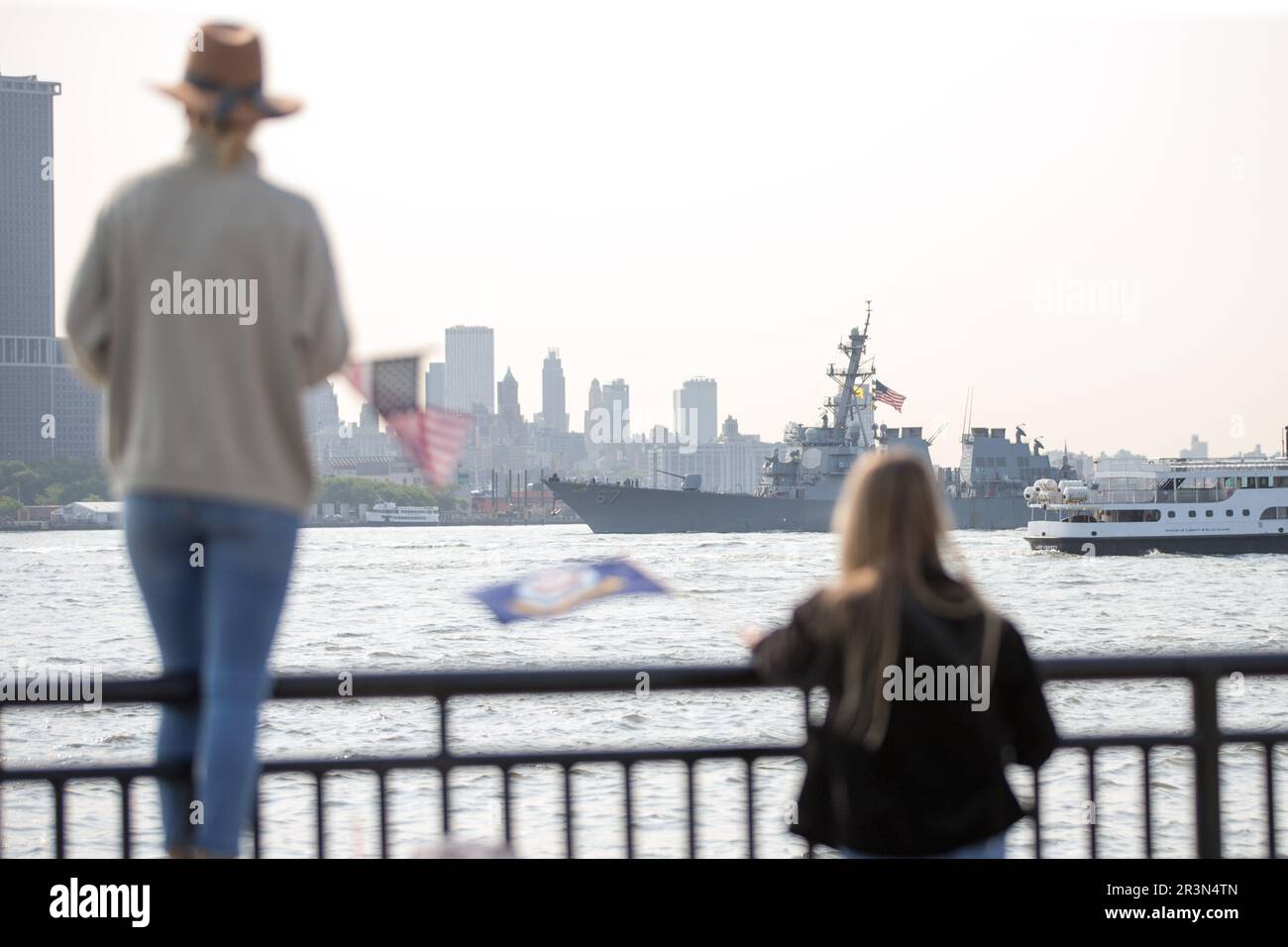 New York City, NY, USA. 24th May, 2023. US Navy vessels are seen arriving in New York for Fleet Week a US Navy tradition, seen from Liberty State Park it is possible to observe the arrival of the vessels with New York City in the background this Wednesday, 24. (Credit Image: © William Volcov/ZUMA Press Wire) EDITORIAL USAGE ONLY! Not for Commercial USAGE! Stock Photo
