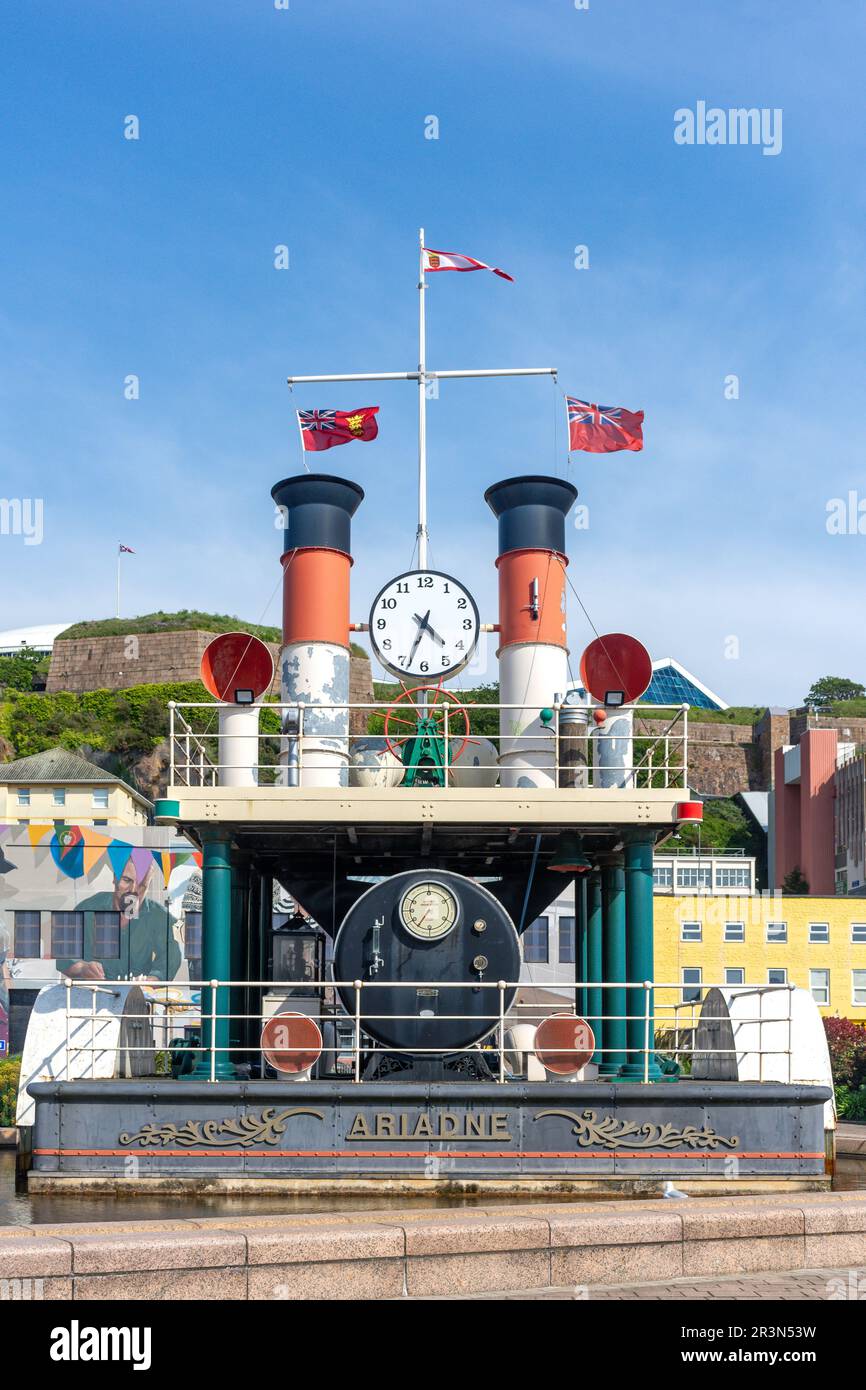 Steam Clock Fountain, Old Harbour, St Helier, Jersey, Channel Islands Stock Photo