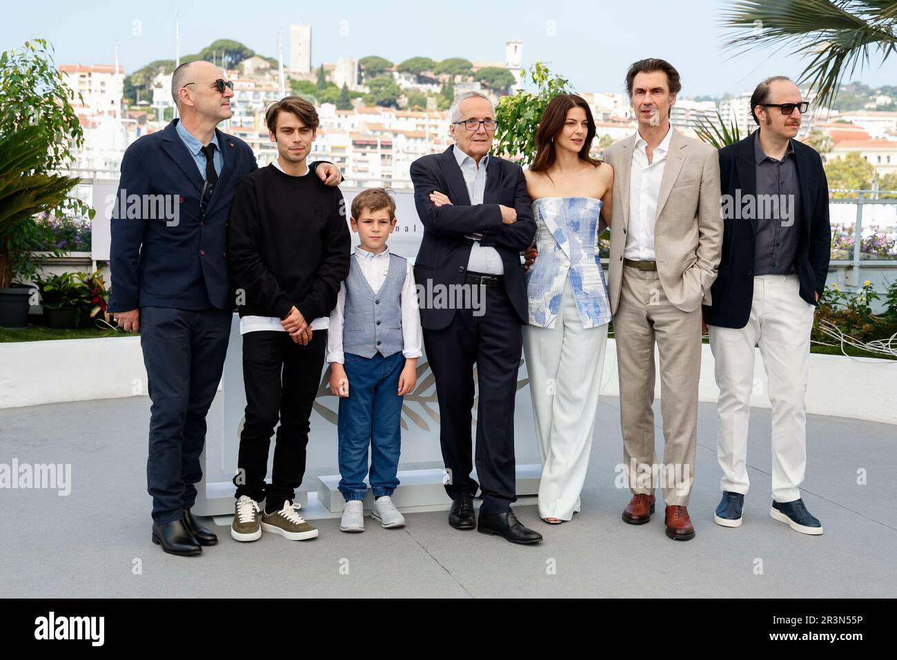 Paolo Pierobon, Fausto Russo Alesi, Enea Sala, Marco Bellocchio, Barbara Ronchi, Fabrizio Gifuni and Leonardo Maltese attend the 'Kidnapped' photocall during the 76th Cannes Film Festival at Palais des Festivals in Cannes, France, on 24 May 2023. Stock Photo