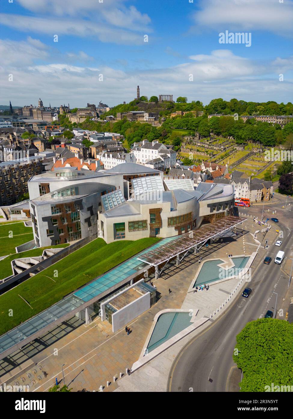 Aerial view from drone of The Scottish Parliament buildings at Holyrood, Edinburgh, Scotland, UK Stock Photo