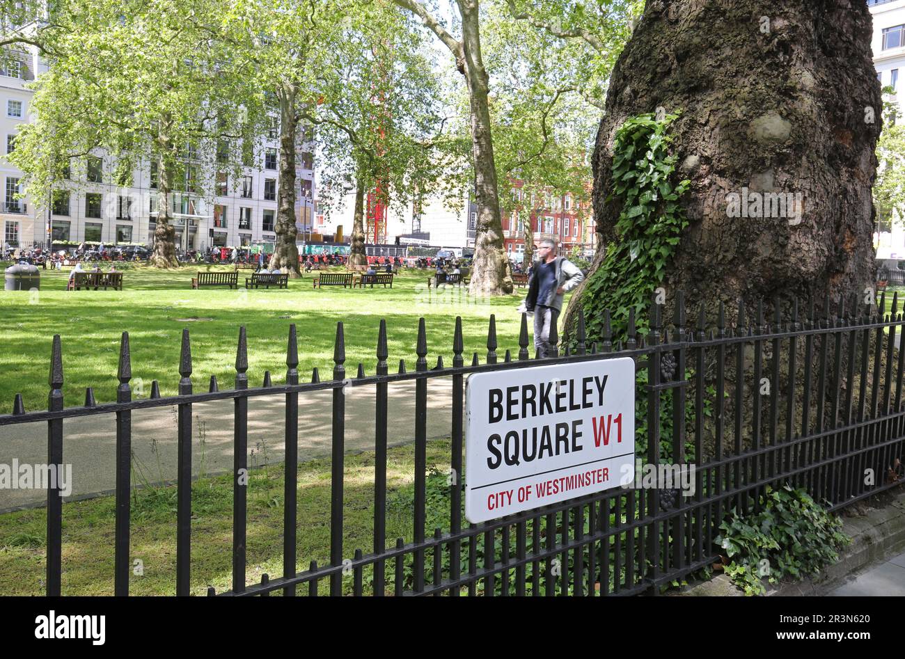 Berkeley Square in London's wealthy Mayfair district. Shows street sign