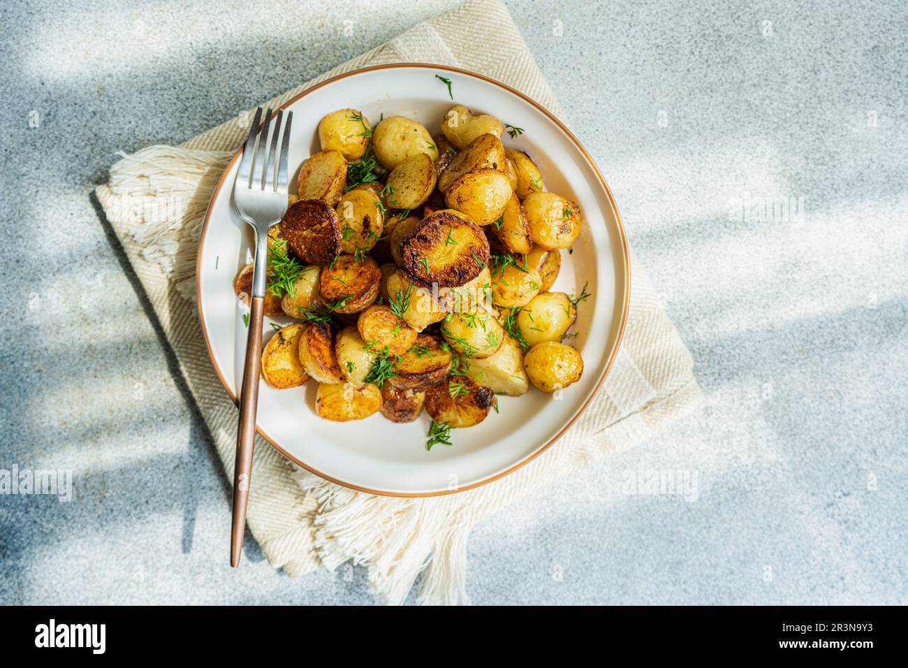 Roasted spring potato with fresh dill herb and raw vegetable salad