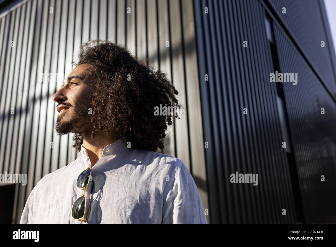 From below happy African American man in casual clothes and afro hairstyle looking away in daylight near modern building Stock Photo