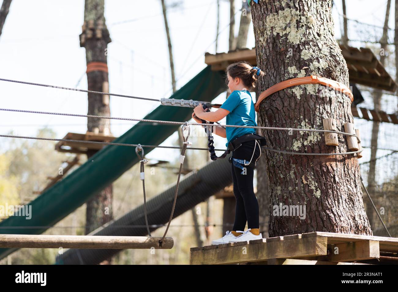 From below of concentrated preteen girl in casual clothes with safety equipment standing on wooden log and balancing while spending time in rope park Stock Photo