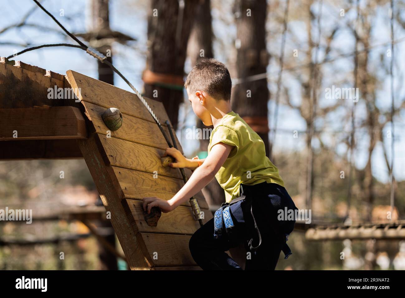 Concentrated preteen boy in casual clothes with safety equipment on climbing wall of wooden construction against blurred trees in sunny rope park Stock Photo
