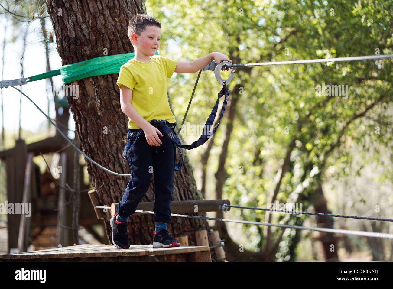 Positive preteen boy in casual clothes and safety gear clinging to the rope of a wooden bridge and looking away as he prepares to cross the bridge in Stock Photo