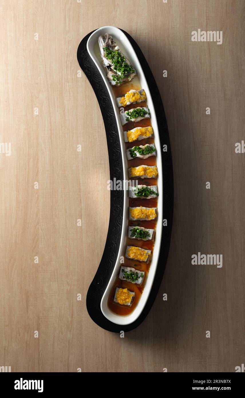 steamed beltfish (largehead hairtail), daiyu, Chinese food close up.grilled ribbon fish Stock