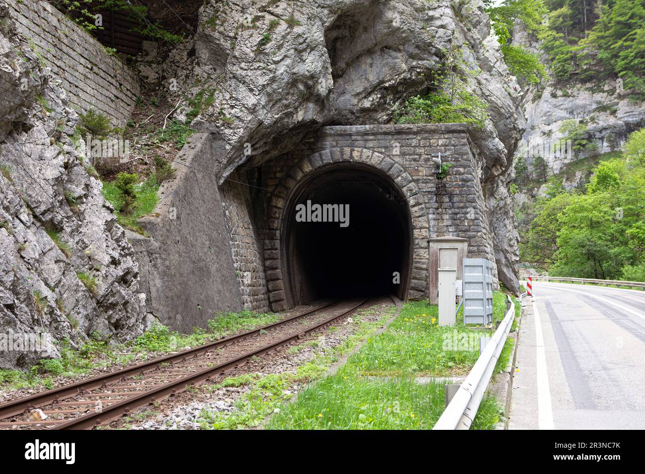 Old train tunnel with railway in a mountain. Dark hollow at tunnel entrance. Swiss railway infrastructure built in the mountains, tunnel enter. Stock Photo