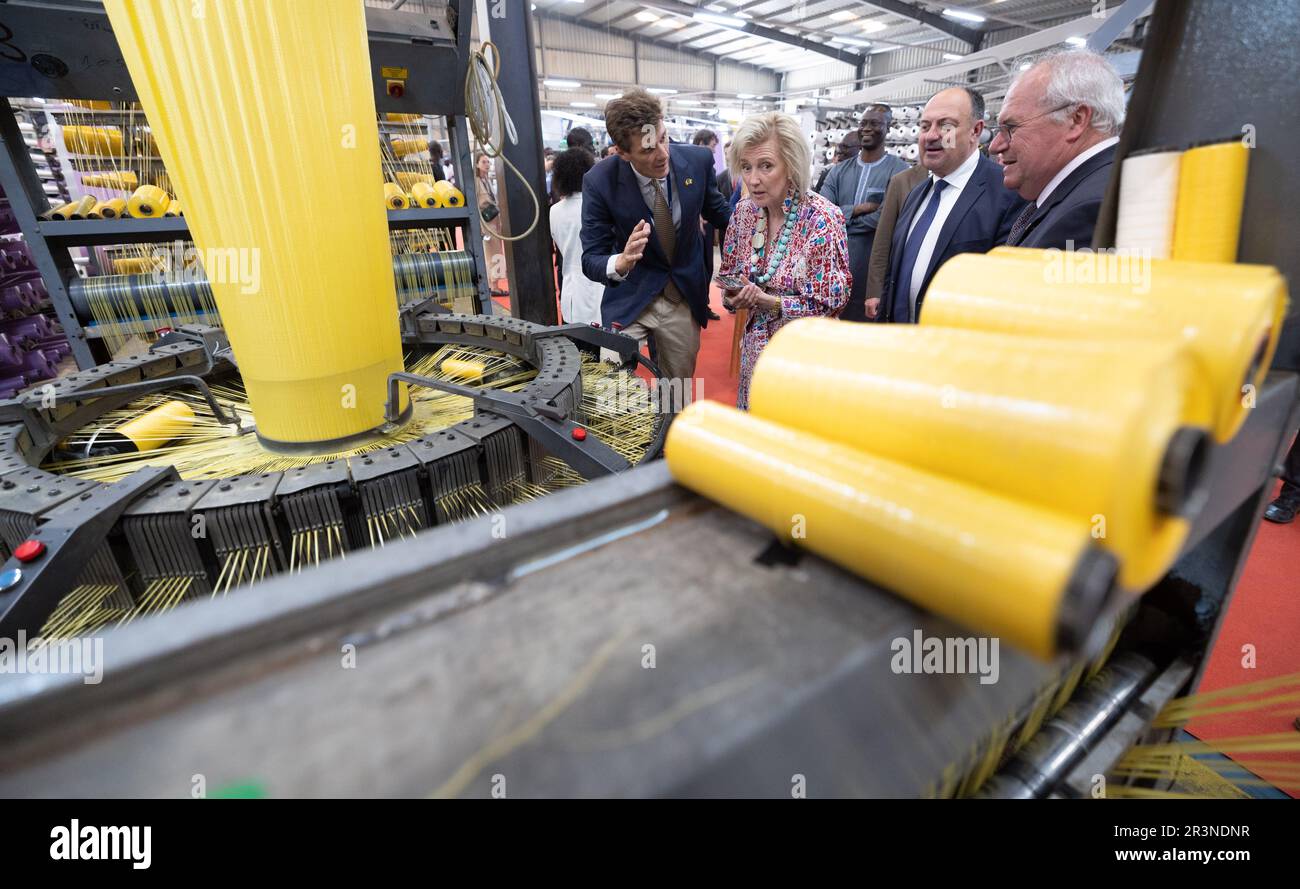 Diamniadio, Senegal. 24th May, 2023. Managing Director at La Compagnie Industrielle des Fibres Senegal Amaury del Marmol, Princess Astrid of Belgium and Walloon Vice-Minister President Willy Borsus pictured during the inauguration of the Compagnie Industrielle des Fibres Senegal, on the third day of an economic mission to the republic of Senegal, in Diamniadio, Senegal, on Wednesday 24 May 2023. BELGA PHOTO BENOIT DOPPAGNE Credit: Belga News Agency/Alamy Live News Stock Photo