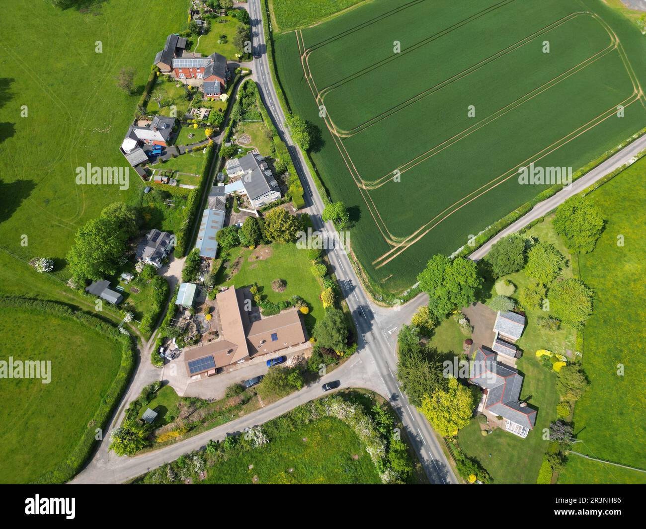 Aerial of Portway a small rural hamlet in Herefordshire UK seen in May