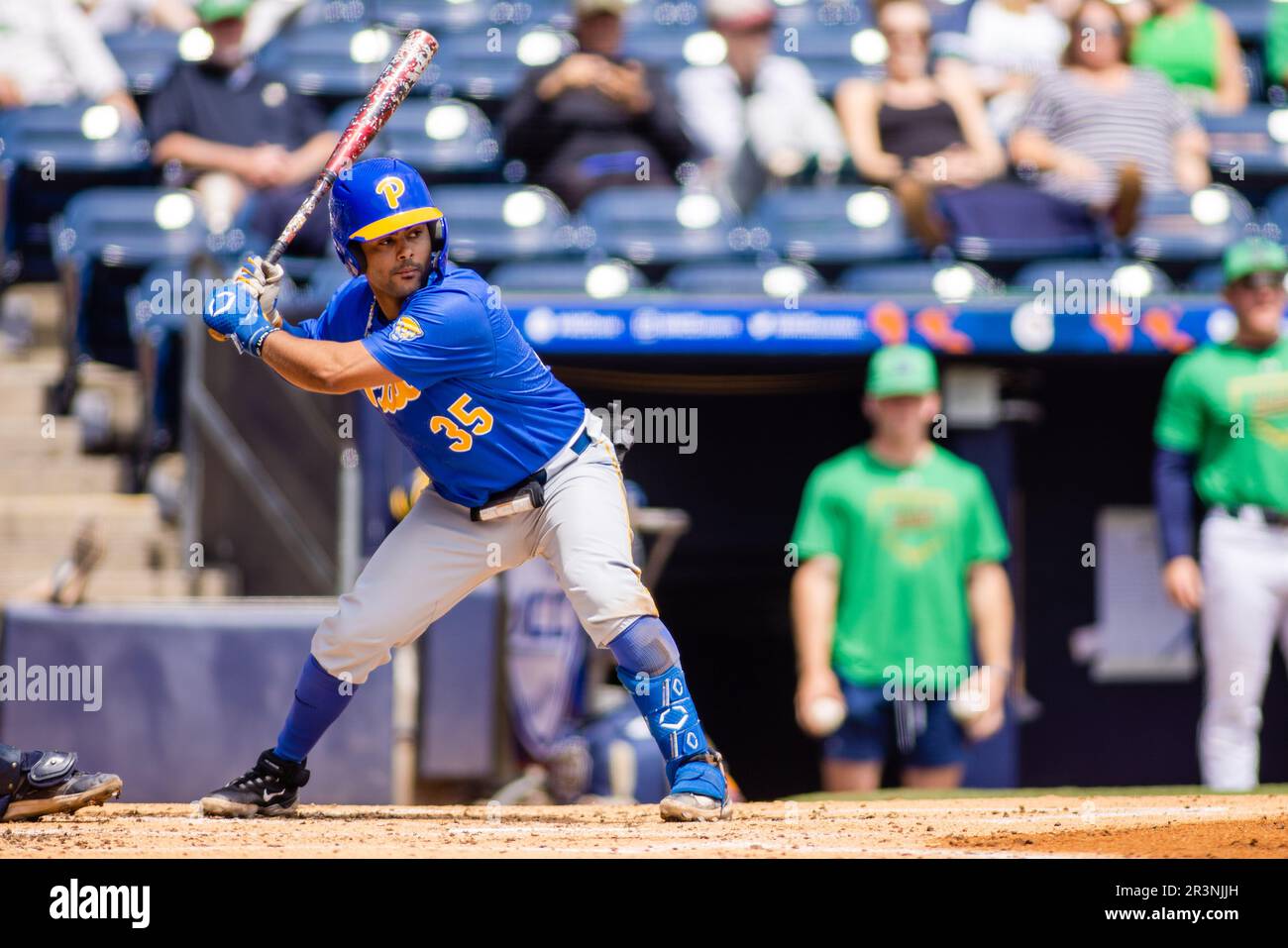 Durham, United States. 24th May, 2023. May 24, 2023: Pittsburgh Panthers  catcher Jayden Melendez (35) in the box during the fourth inning of the  2023 ACC Baseball Tournament matchup against the Notre