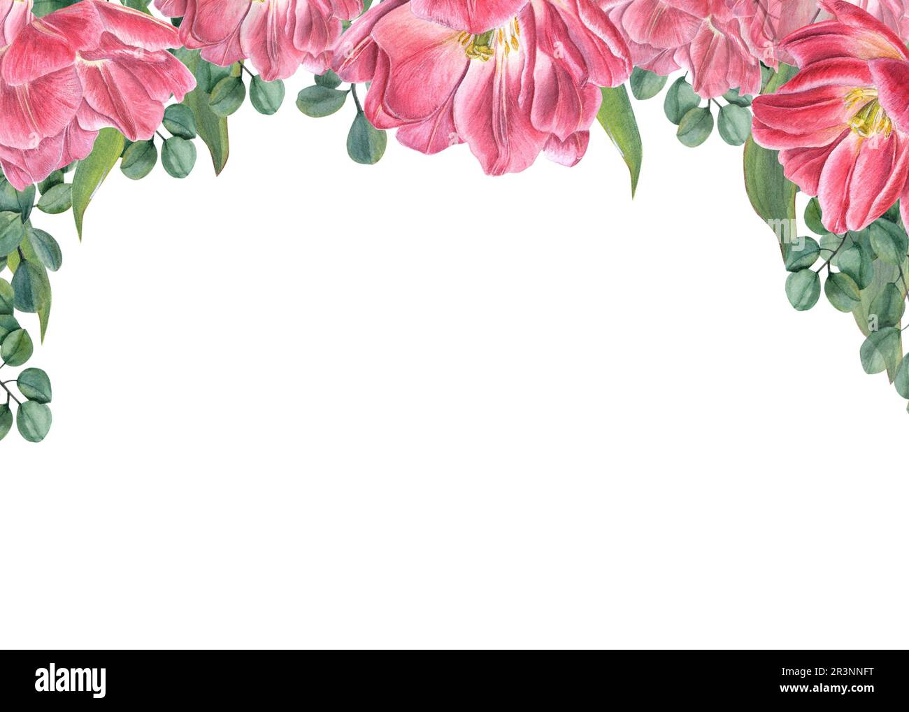 Watercol floral horizontal frame with pink tilips and eucalyptus