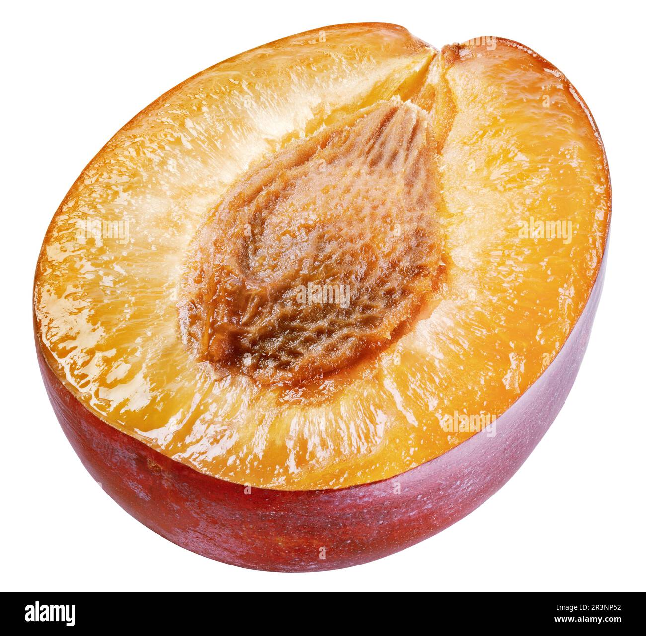 Half red plum isolated on white background with clipping path Stock Photo