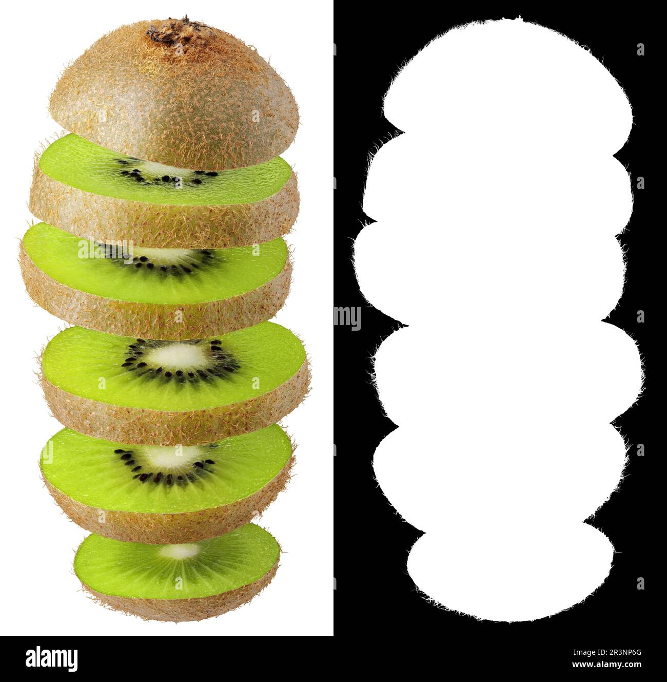 Sliced kiwi fruit flying in the air isolated on white background with ...
