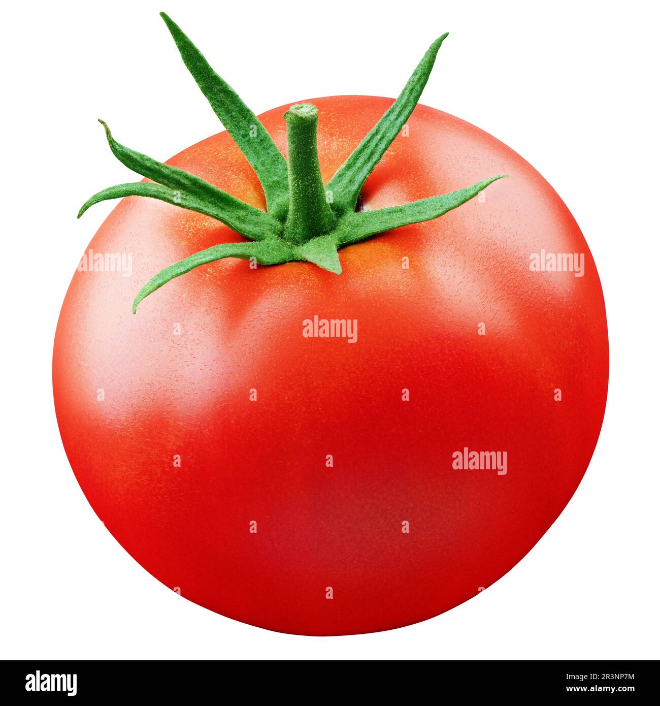 Ripe fresh red tomato with green leaf isolated on white background with clipping path. Full Depth of Field Stock Photo