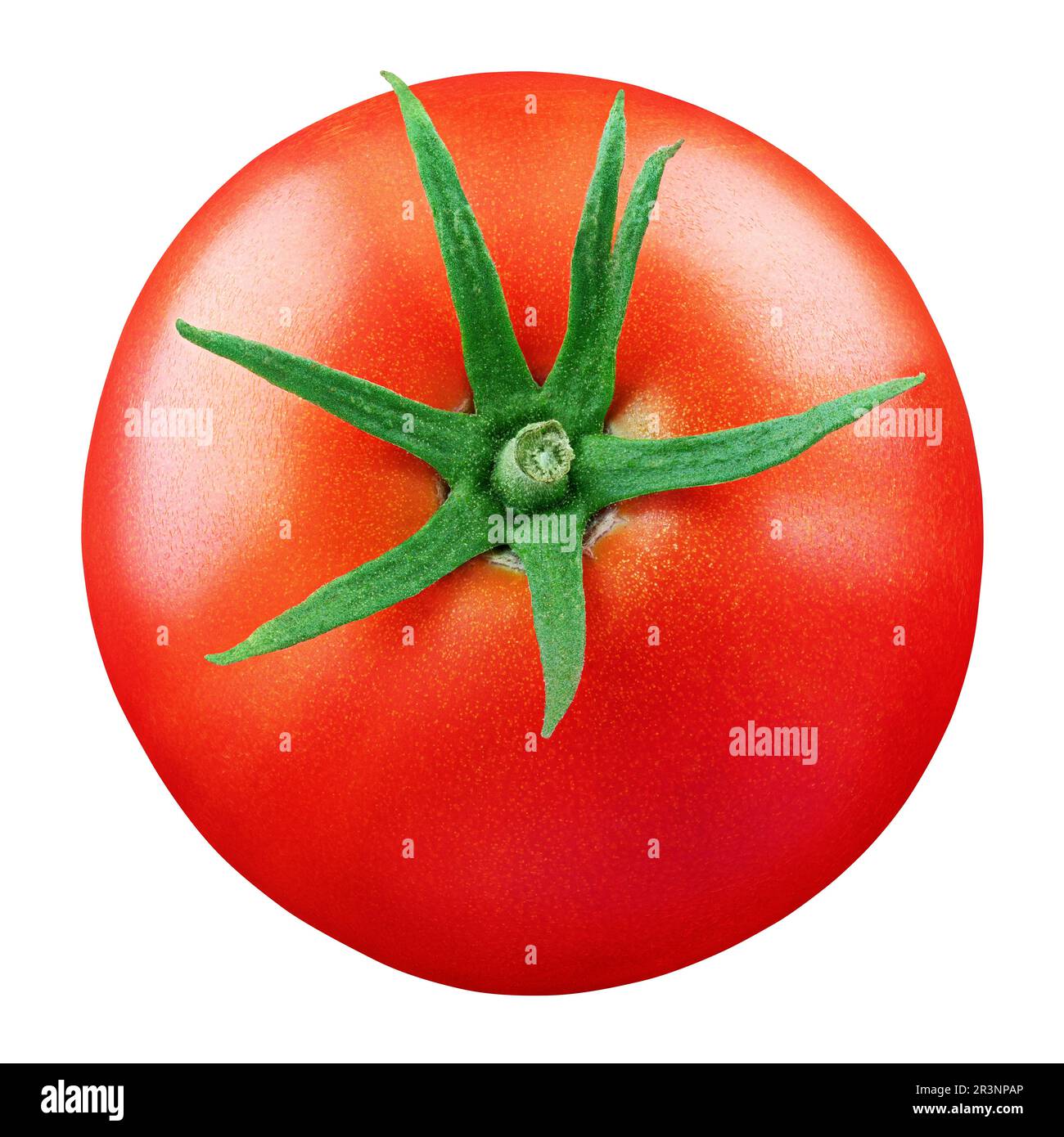 Top view of red tomato with green leaf isolated on white background with clipping path. Full Depth of Field Stock Photo