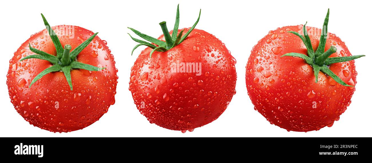 Set of wet red tomatoes isolated on white background with clipping path ...