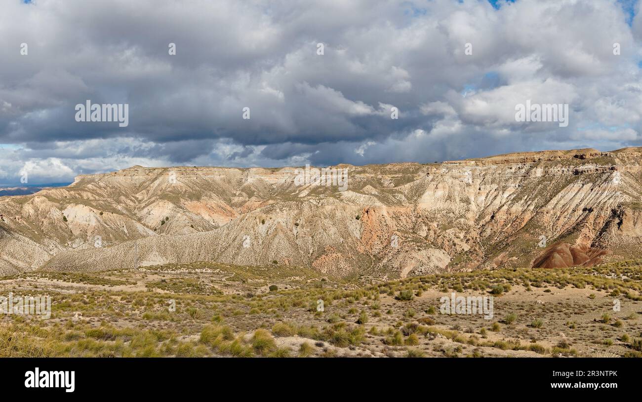 View of the Gorafe desert and red clay canyons in southern Spain Stock Photo