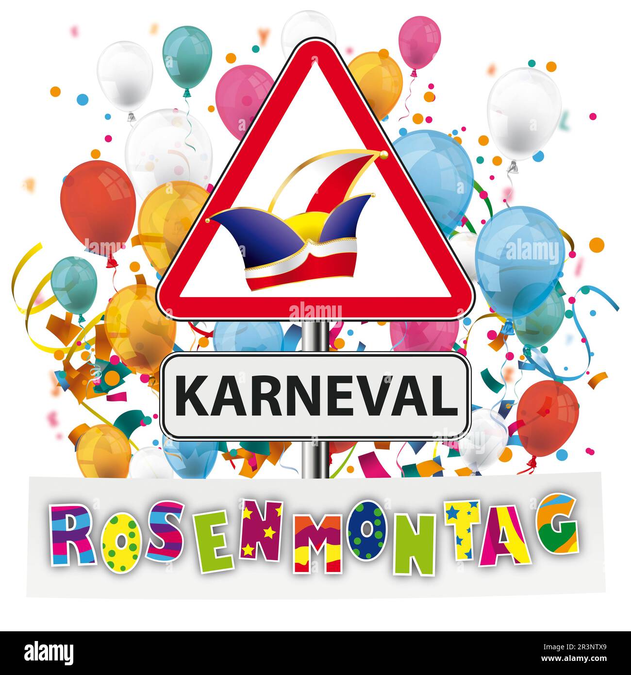 Warning Sign Karneval Rosenmontag Confetti Balloons Stock Photo
