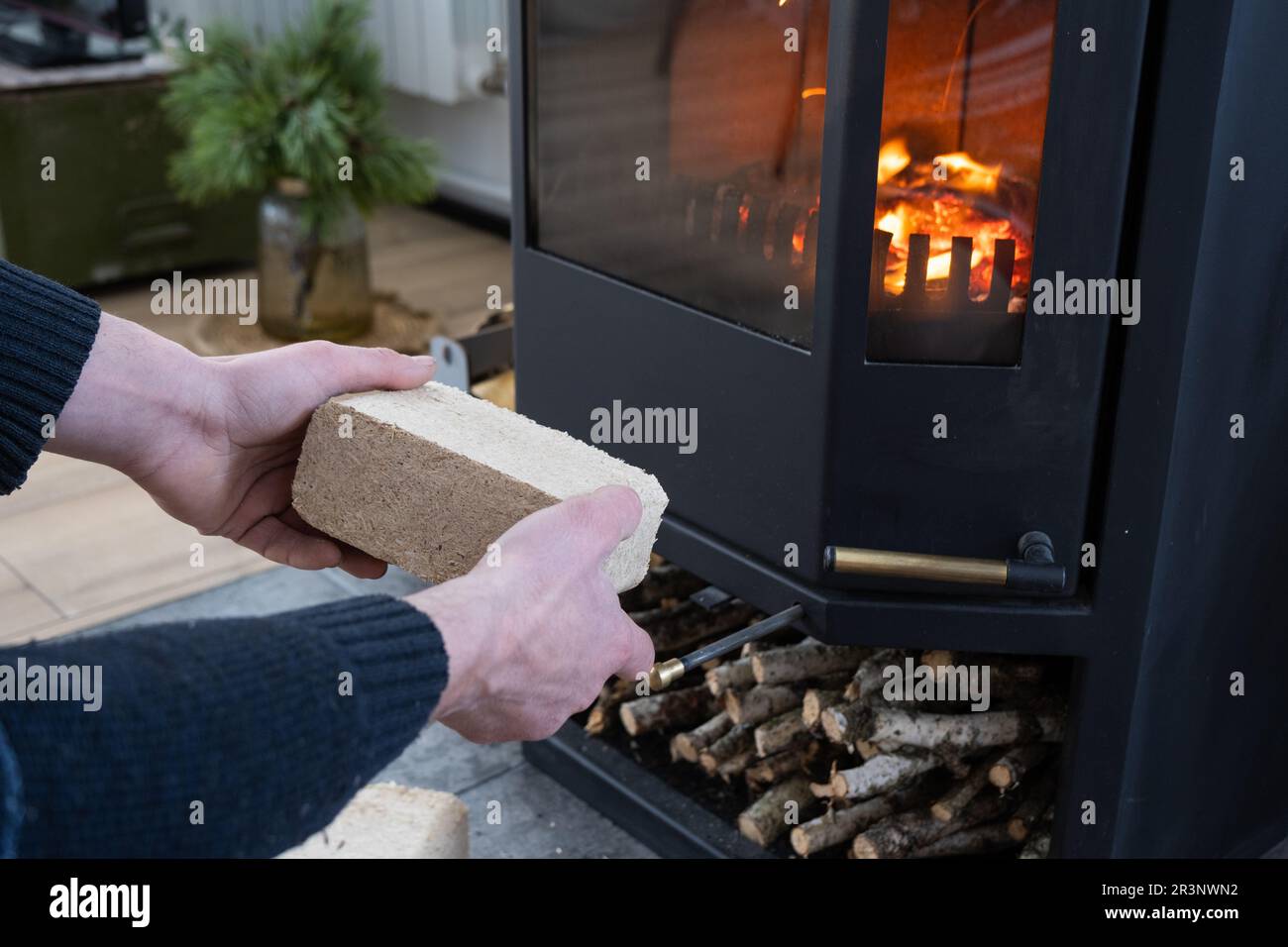 Hands kindle the hearth with economical briquettes. Fuel briquettes made of pressed sawdust for kindling the furnace - economica Stock Photo