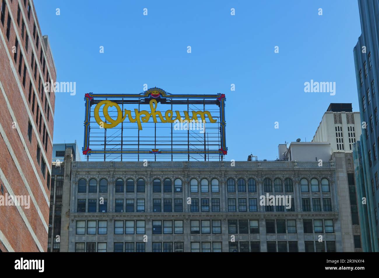 LOS ANGELES, CALIFORNIA - 17 MAY 2023: Sign atop the Orpheum Theatre. On Broadway in Downtown Los Angeles, it is the most restored of the historical m Stock Photo