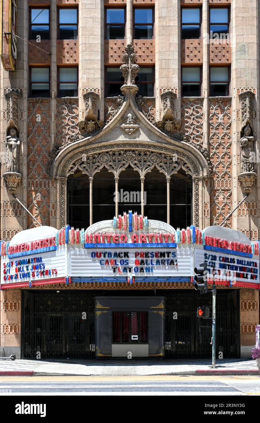 LOS ANGELES, CALIFORNIA - 17 MAY 2023: United Artists Theatre, Los Angeles, now the Ace Hotel, the theatre was restored as an event and performance sp Stock Photo