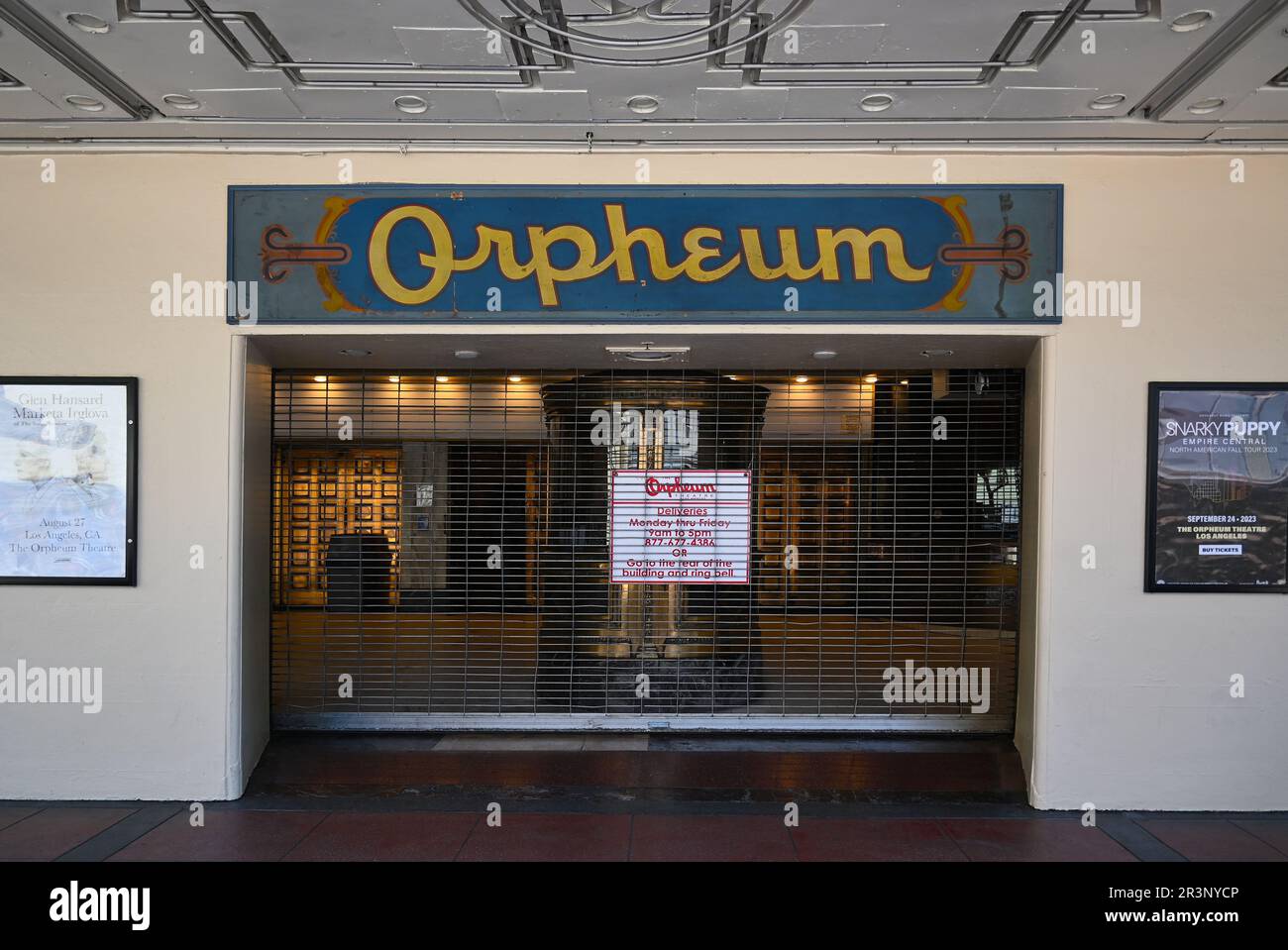 LOS ANGELES, CALIFORNIA - 17 MAY 2023: Closeup of the Palace Orpheum Theatre entrance with gate closed. Stock Photo