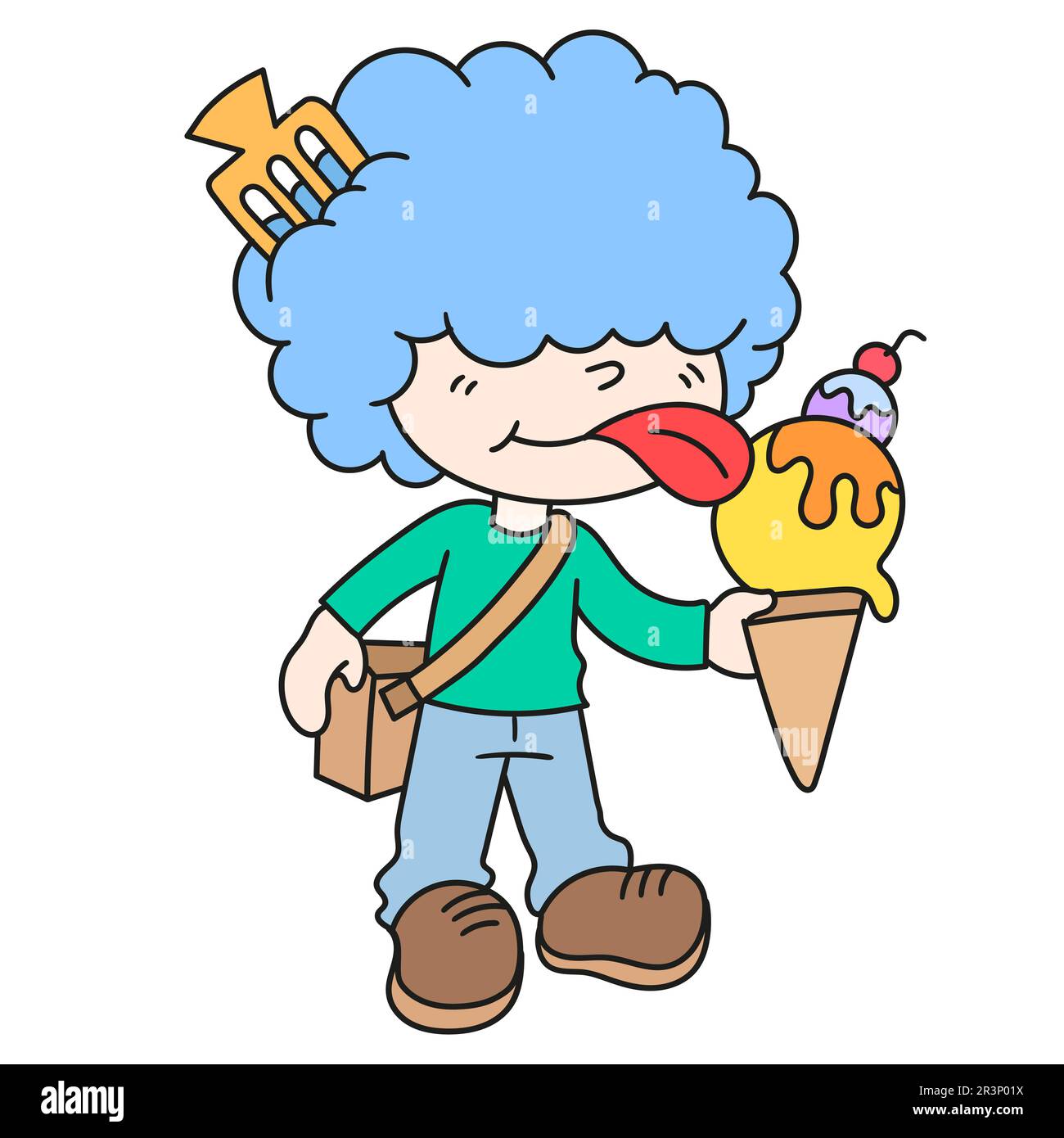 Boy eating ice cream standing up doodle kawaii. doodle icon image Stock Photo