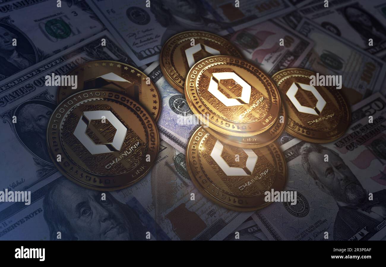 Chainlink LINK cryptocurrency golden coin over Dollar banknotes. Online  payment and crypto money transaction abstract concept 3d illustration Stock  Photo - Alamy