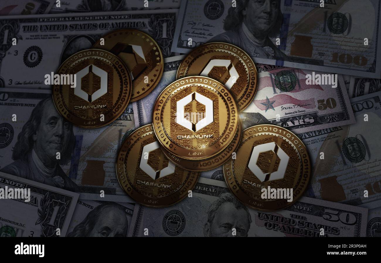 Chainlink LINK cryptocurrency golden coin over Dollar banknotes. Online  payment and crypto money transaction abstract concept 3d illustration Stock  Photo - Alamy