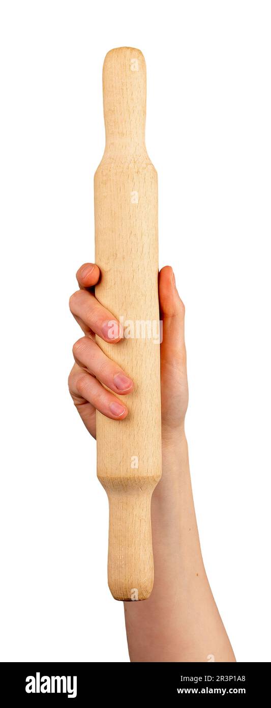 Hand holding wood rolling pin, wooden roller, kitchen utensil isolated