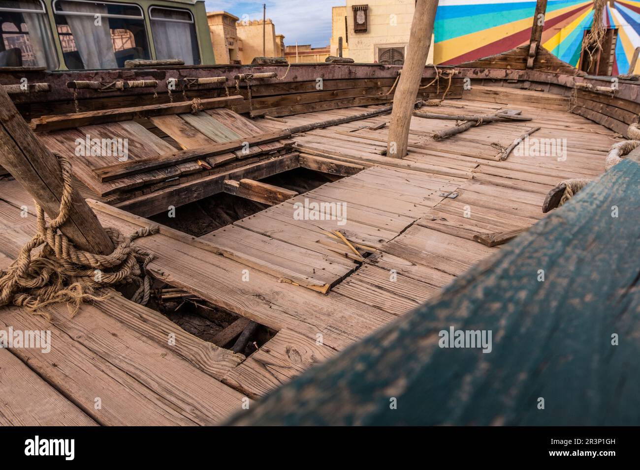 Abandoned wood boat in the middle of the desert in Morocco Stock Photo
