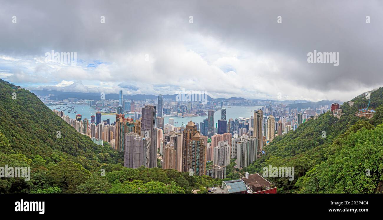 View of the skyline and harbor from Victoria Peak in Hong Kong during ...