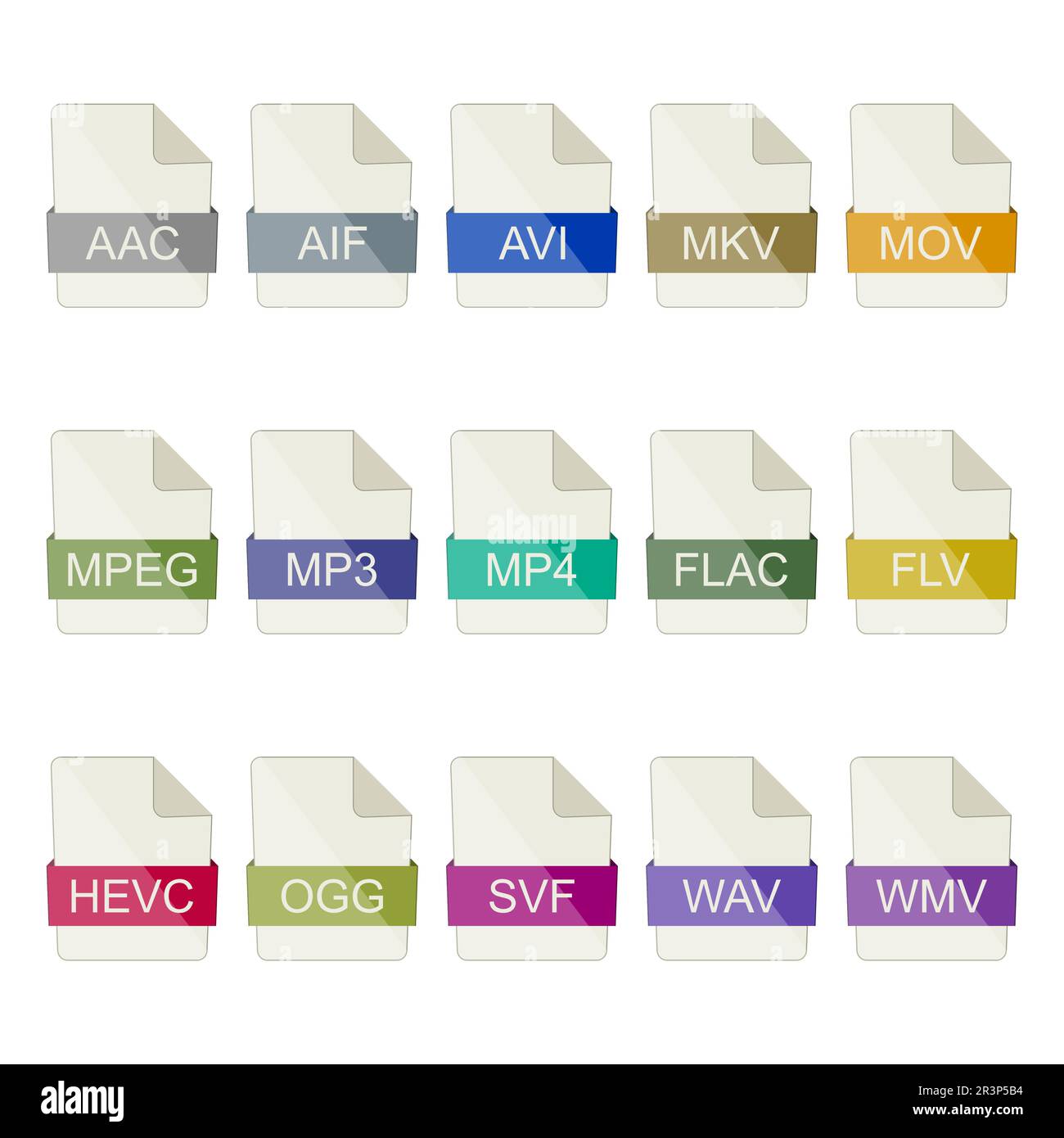 File type icons. Set of video and audio icons on a white background. Stock Vector